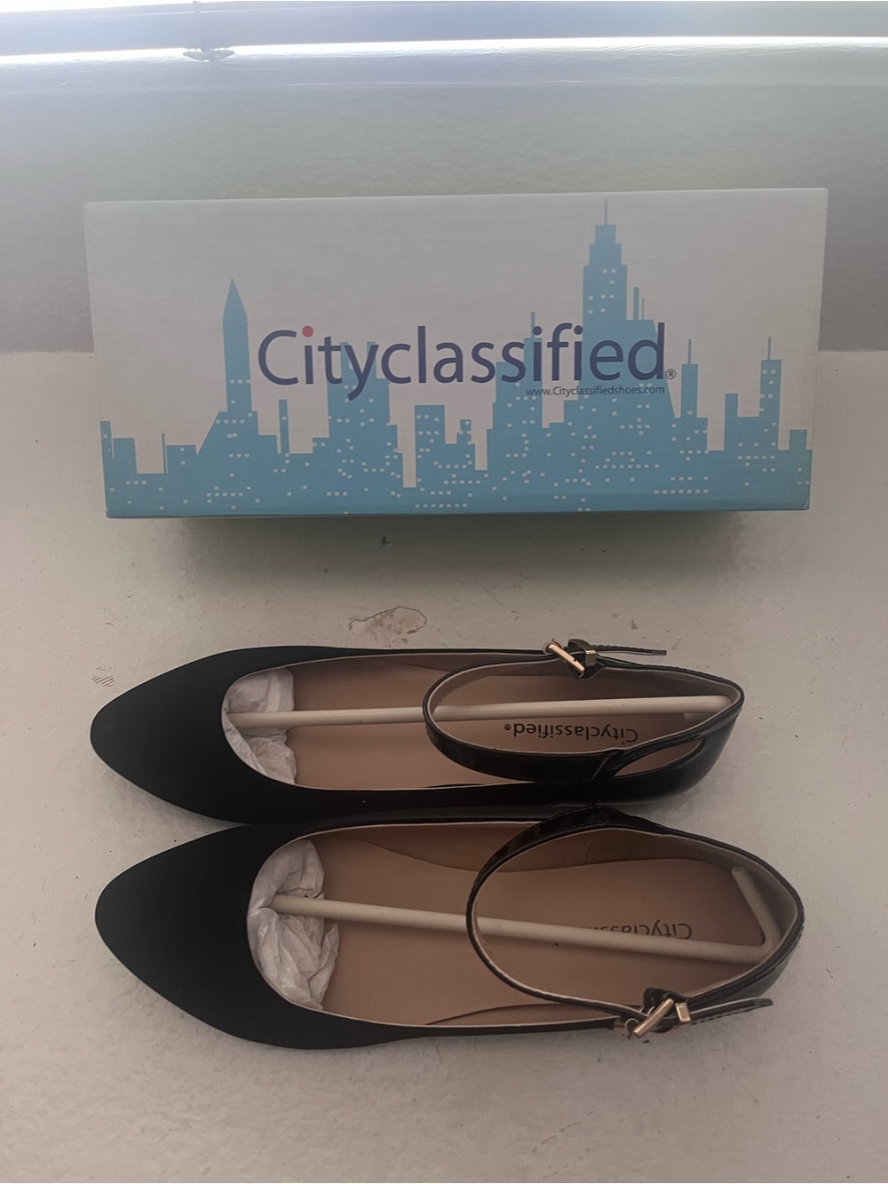 Cityclassified Black Pointed-Toe Ankle Strap Flats with Gold Buckle